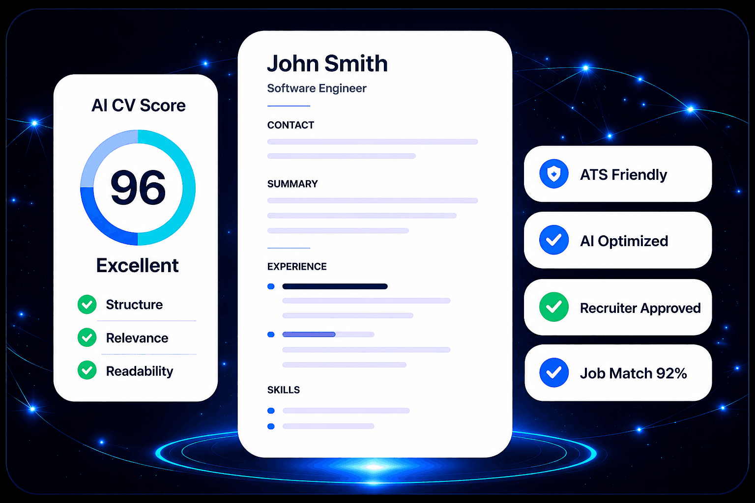 AI CV score, recruiter approval, ATS friendly, and job match preview